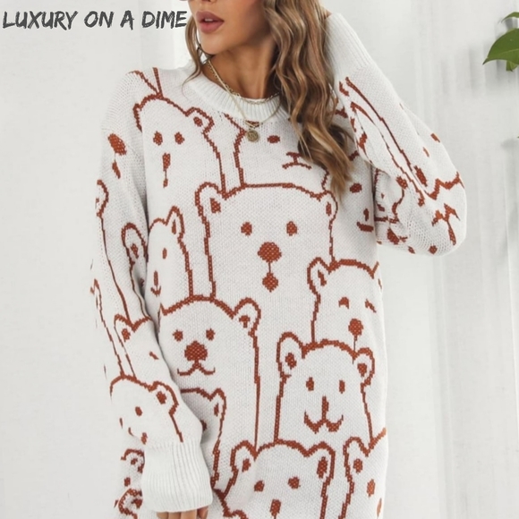 Polar Bear Round Neck Cozy Knit Long Sleeve Oversized Mini Sweater Dress White - Picture 3 of 11